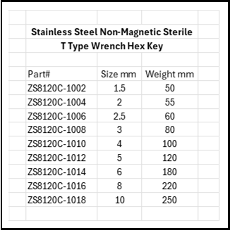 Stainless Steel Non-Magnetic Sterile T Type Hex Keys