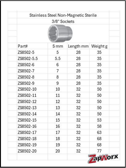 Stainless Steel Non-Magnetic Sterile 3/8 inch Sockets Nut Driver 316 & 304 SS