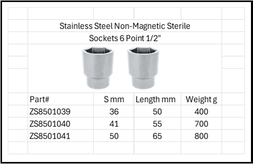 Stainless Steel Anti-Magnetic 6 Point 1/2" Sockets Sterile 316 & 304 Sizes