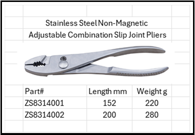 Stainless Steel Anti-Magnetic Adjustable Combination Slip Joint Pliers 316 & 304 SS Sterile Sizes