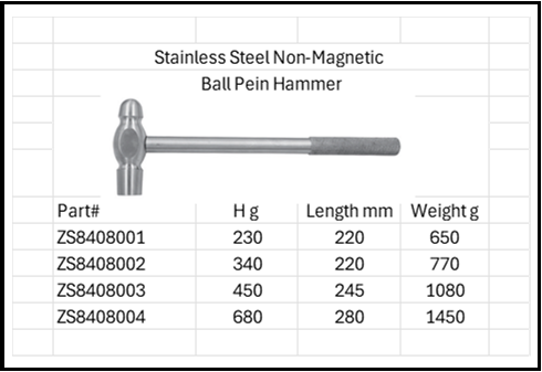 Stainless Steel Anti-Magnetic Ball Pein Hammer 316 & 304 SS Sterile Sizes