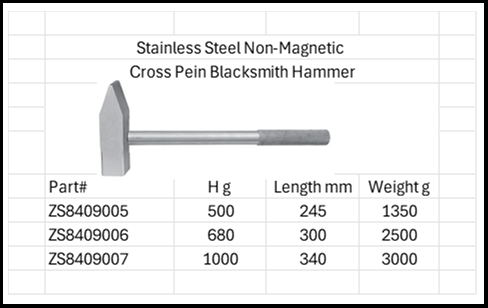 Stainless Steel Anti-Magnetic Cross Pein Blacksmith Hammer