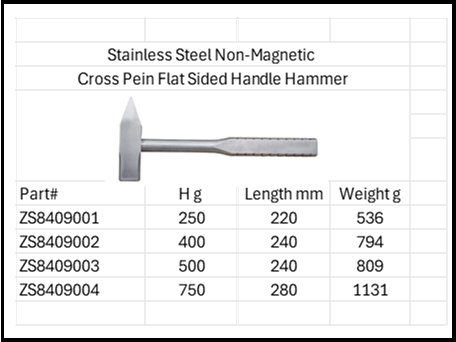 Stainless Steel Anti-Magnetic Cross Pein Flat Sided Handle Hammer Sterile 316 & 304 SS Sizes