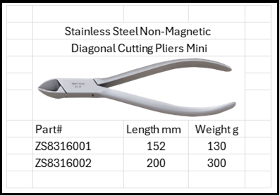 Stainless Steel Anti-Magnetic Diagonal Cut Pliers Mini Sterile 316 & 304 SS Sizes