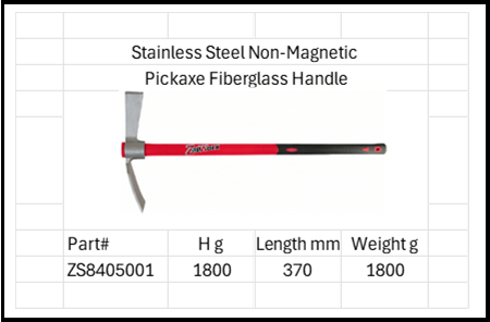 Stainless Steel Anti-Magnetic Pickaxe Fiberglass Handle 316 & 304 SS Size