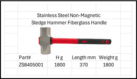Stainless Steel Anti-Magnetic Sledge Hammer Fiberglass Handle Size 316 & 304 SS Head