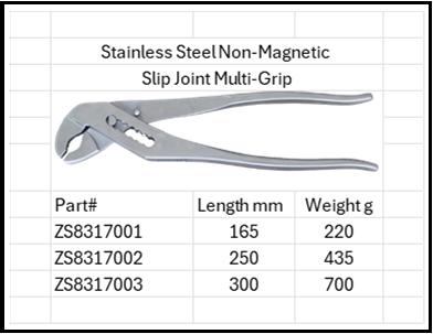 Stainless Steel Anti-Magnetic Slip Joint Multi-Grip Pliers Sterile 316 or 304 SS Sizes