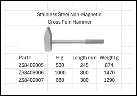 Stainless Steel Anti-Magnetic Cross Pein Knurled Handle Hammer Sterile 316 & 304 SS Sizes