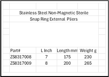 Stainless Steel Anti-Magnetic Snap Ring External Pliers 316 & 304 SS Size