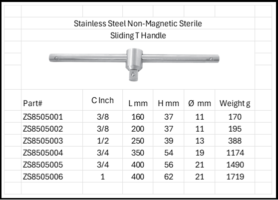 Stainless Steel Anti-Magnetic Socket Sterile Sliding T Handle