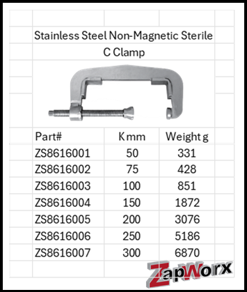 Stainless Steel Anti-Magnetic Sterile C Clamp 316 & 304 SS Sizes