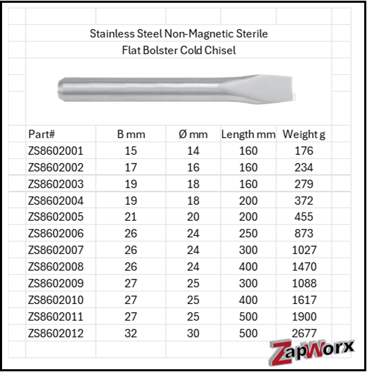 Stainless Steel Anti-Magnetic Sterile Flat Bolster Cold Chisel 316 & 304 SS Sizes