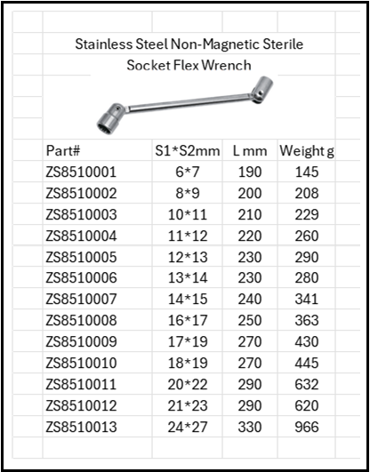 Stainless Steel Anti-Magnetic Sterile Flex Socket Wrench 316 & 304 SS Size