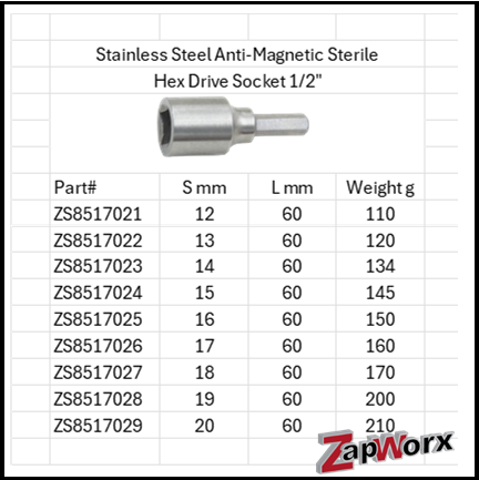 Stainless Steel Anti-Magnetic Sterile Hex Drive Socket 1/2" 316 & 304 SS Sizes