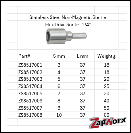 Stainless Steel Anti-Magnetic Sterile Hex Drive Socket 1/4" 316 & 304 SS Size