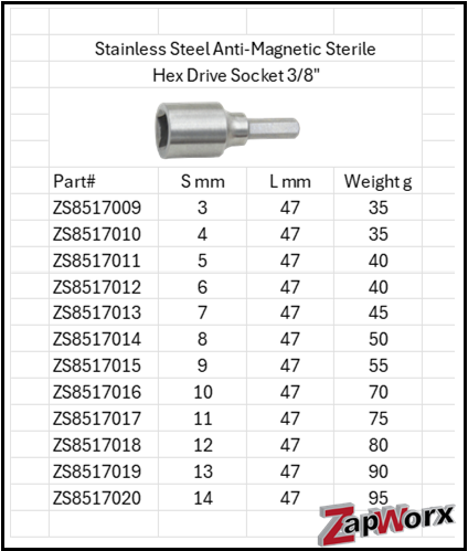 Stainless Steel Anti-Magnetic Sterile Hex Drive Socket 3/8" 316 & 304 SS Sizes
