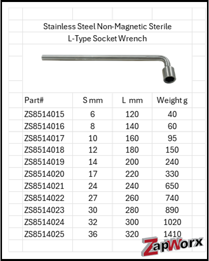 Stainless Steel Anti-Magnetic Sterile L-Type Socket Wrench 316 & 304 SS Sizes