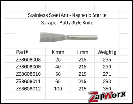 Stainless Steel Anti-Magnetic Sterile Scrapper Putty Style Knife 316 & 304 SS Sizes