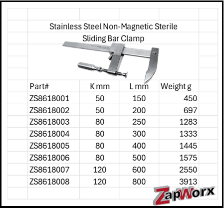 Stainless Steel Anti-Magnetic Sterile Sliding Bar Clamp 316 & 304 SS Sizes