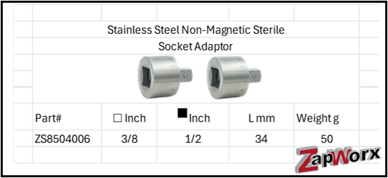 Stainless Steel Anti-Magnetic Sterile Socket Adaptor 316 & 304 SS Sizes