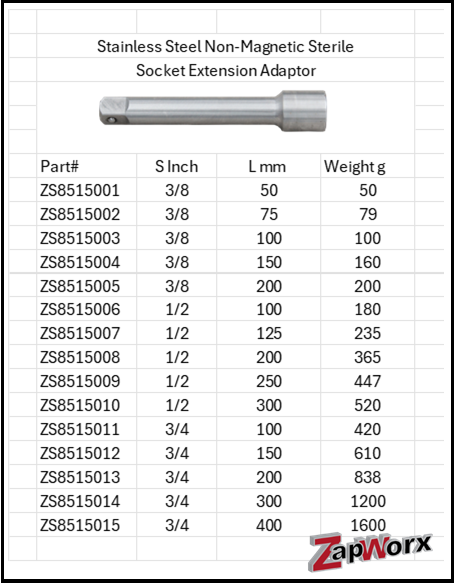 Stainless Steel Anti-Magnetic Sterile Socket Driver Extension 316 & 304 SS Sizes