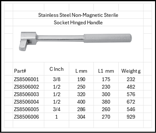 Stainless Steel Anti-Magnetic Sterile Socket Hinged Handle 316 & 304 SS Sizes