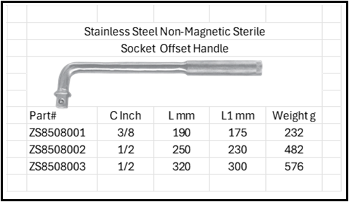 Stainless Steel Anti-Magnetic Sterile Socket Offset Handle 316 & 304 SS Sizes