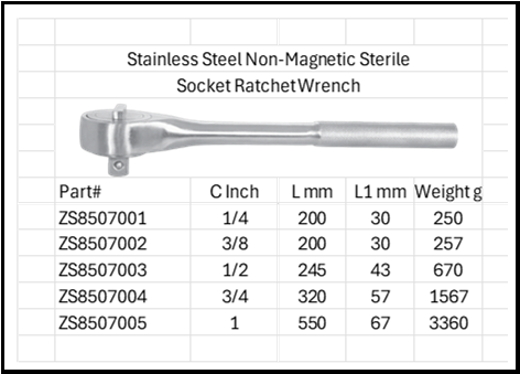 Stainless Steel Anti-Magnetic Sterile Socket Ratchet Wrench 316 & 304 SS Sizes