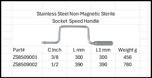 Stainless Steel Anti-Magnetic Sterile Socket Speed Handle 316 & 304 SS Sizes