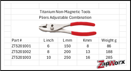 Titanium Non-Magnetic Adjustable Combination Pliers Sizes