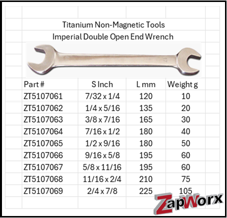Titanium Non-Magnetic Double Open End Wrench Spanner DIN 3110 Imperial
