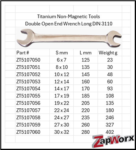 Titanium Non-Magnetic Double Open End Wrench Spanner DIN 3110 Long