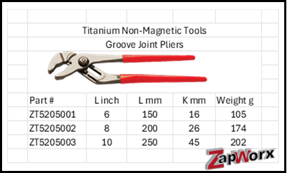 Titanium Non-Magnetic Groove Slip Joint Pliers Sizes