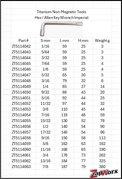 Titanium Non-Magnetic Hex Key Imperial Sizes