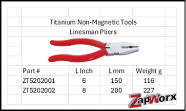 Titanium Non-Magnetic Linesman Pliers Sizes