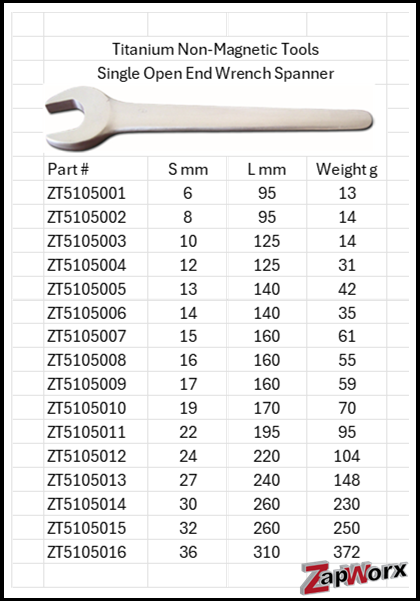 Titanium Non-Magnetic Single Open End Wrench Spanner