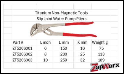 Titanium Non-Magnetic Slip Joint Water Pump Pliers Sizes