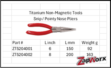 Titanium Non-Magnetic Snip Pointy Nose Pliers Sizes