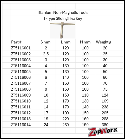 Titanium Non-Magnetic T-Type Sliding Hex Key Sizes