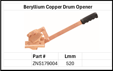 Zapworx Non-Sparking Be-Cu Drum Opener Lever Style Size