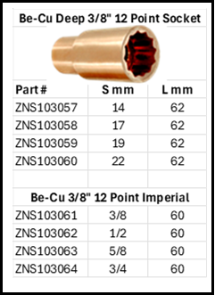No Spark Deep Socket 3/8" 12 Point Anti-Magnetic Be-Cu Size Chart