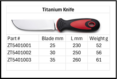 Titanium Knife Size Chart