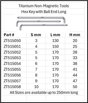 Titanium Non-Magnetic Hex Key Ball End Long