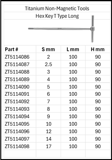 Titanium Non-Magnetic Hex Key T Type Long