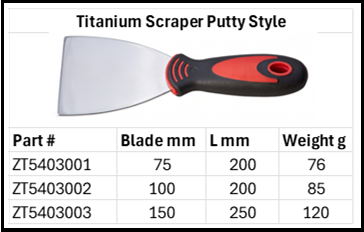 Titanium Scrapper Putty Style Shaped Blade Size Chart