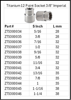 Zapworx Titanium 12 Point Socket 3/8" Imperial