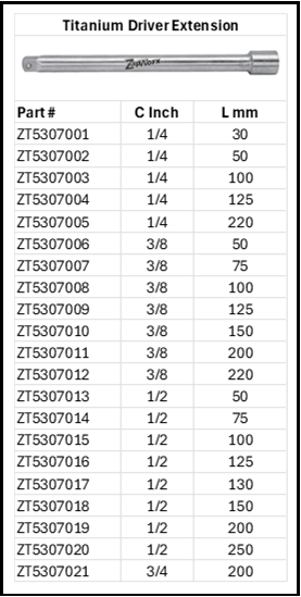 Zapworx Titanium Driver Extension Sizes
