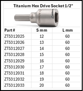 Zapworx Titanium Hex Drive Socket Adaptor 1/2" Sizes