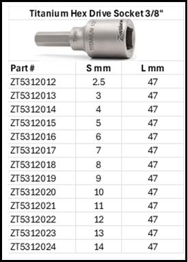 Zapworx Titanium Hex Drive Socket Adaptor 3/8" Sizes