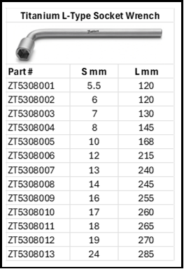 Zapworx Titanium L-Type Socket Wrench Sizes